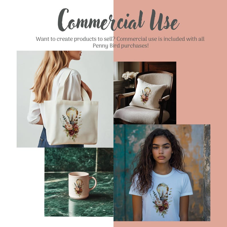 May include: A set of four different products featuring a watercolor illustration of a lightbulb with flowers. The products include a tote bag, a pillow, a mug, and a t-shirt.