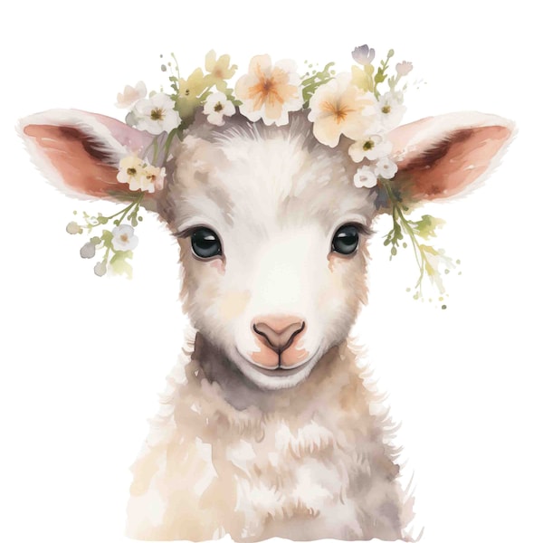 Watercolor Adorable Baby Lamb with Flower Crown, easter wall art, Digital Art Print / Instant Download Printable ArtCommercial Use