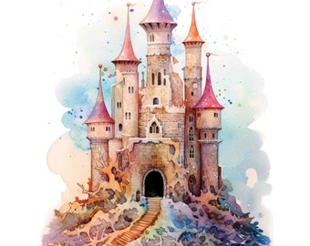 Watercolor Fantasy Sand Castle Digital Art Print / Instant Download Printable Art Commercial Use