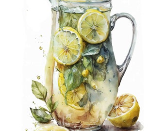 Watercolor lemonade pitcher Digital Art Print / Instant Download Printable ArtCommercial Use