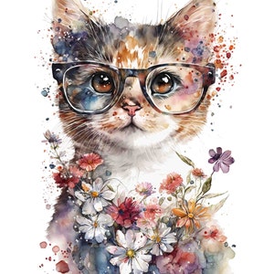 Watercolor Cat With Glasses Wall Art, Digital Art Print / Instant Download Printable ArtCommercial Use