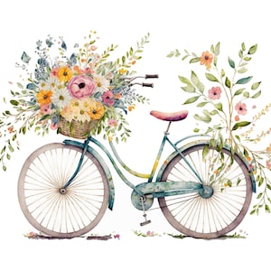 May include: A vintage bicycle with a basket full of colorful flowers. The bicycle is painted in shades of blue and green, and the flowers are a mix of pink, yellow, and white.