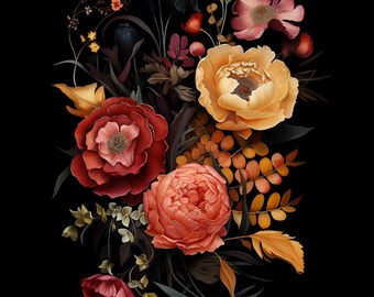 Watercolor Dark Floral Bouquet Painting,  Digital Art Print / Instant Download Printable Art Commercial Use