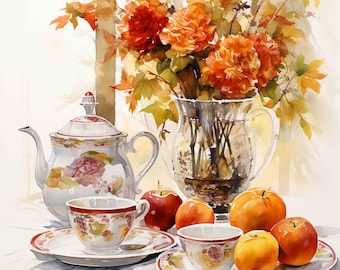 Watercolor Fall Autumn Tea  Digital Art Print / Instant Download Printable ArtCommercial Use