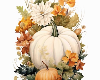 Watercolor Pumpkin Fall Arrangement Digital Art Print / Instant Download Printable Art Commercial Use