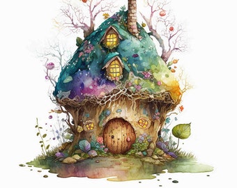 May include: A whimsical watercolor painting of a fairy house built into a tree trunk. The house has a green roof with two windows and a brown door. The house is surrounded by flowers and trees.