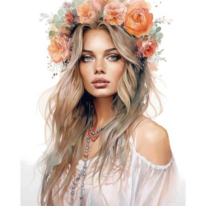 Watercolor Boho Woman Portrait, Digital Art Print / Instant Download Printable ArtCommercial Use