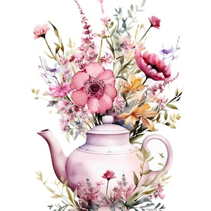 May include: A watercolour painting of a pink teapot with a bouquet of pink, red and yellow flowers.