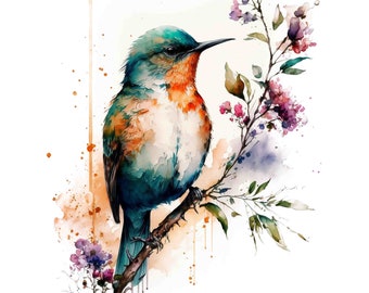 Watercolor Humming Bird with Flowers, Digital Art Print / Instant Download Printable ArtCommercial Use
