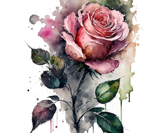 Impresión de arte digital con flor de rosa rosa en acuarela / Descarga instantánea Arte imprimible Uso comercial