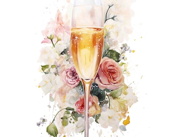 Watercolor Floral Champagne Glass Digital Art Print / Instant Download Printable ArtCommercial Use