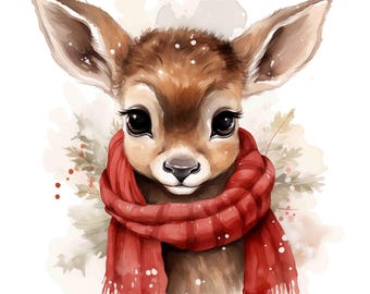 Stampa acquerello di un cerbiatto, sciarpa invernale, ritratto di un cerbiatto (download digitale)