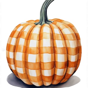 Akwarelowy nadruk z dynią, pomarańczowa kratka gingham, jesienna sztuka (pobranie cyfrowe)