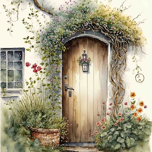 Watercolor Country Cottage Door Digital Art Print / Instant Download Printable ArtCommercial Use