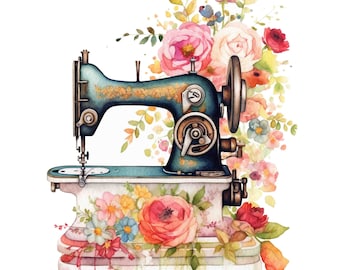 Stampa artistica digitale con macchina da cucire floreale ad acquerello / Download immediato Arte stampabile Uso commerciale
