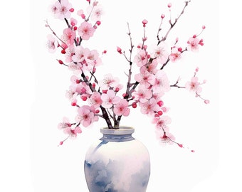 Impresión artística de un ramo de flores de cerezo en acuarela (descarga digital)