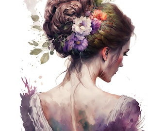 Watercolor Floral Woman Portrait Digital Art Print / Instant Download Printable ArtCommercial Use