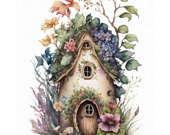May include: A whimsical watercolor painting of a small, white cottage with a brown door and windows. The cottage is covered in green vines and flowers, including pink, blue, and purple blooms. The cottage is surrounded by lush greenery and a few mushrooms.