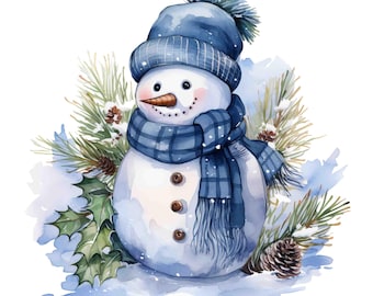 Watercolor Blue Snowman, Digital Art Print / Instant Download Printable Art Commercial Use