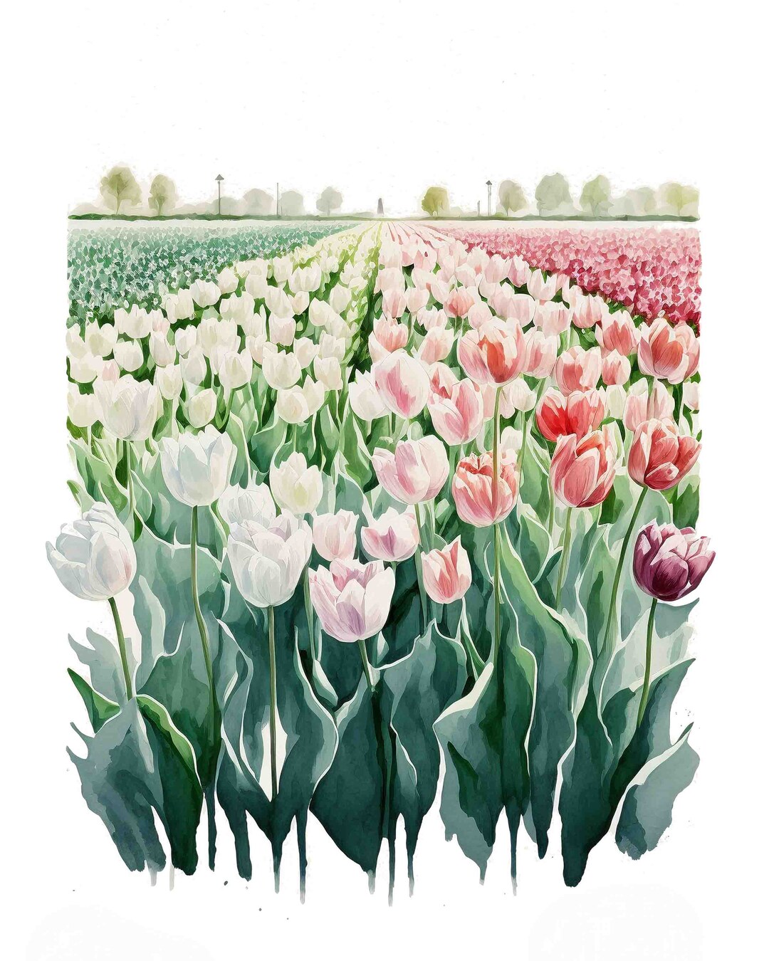 Watercolor Tulip Field, Spring Flower Digital Art Print / Instant ...