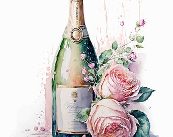Watercolor Champagne and Roses Digital Art Print / Instant Download Printable ArtCommercial Use