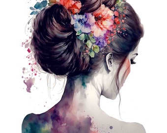 Watercolor Floral Woman Portrait Digital Art Print / Instant Download Printable ArtCommercial Use