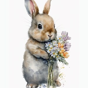 Watercolor Bunny with Flowers Art, wall art, Digital Art Print / Instant Download Printable Art Commercial Use