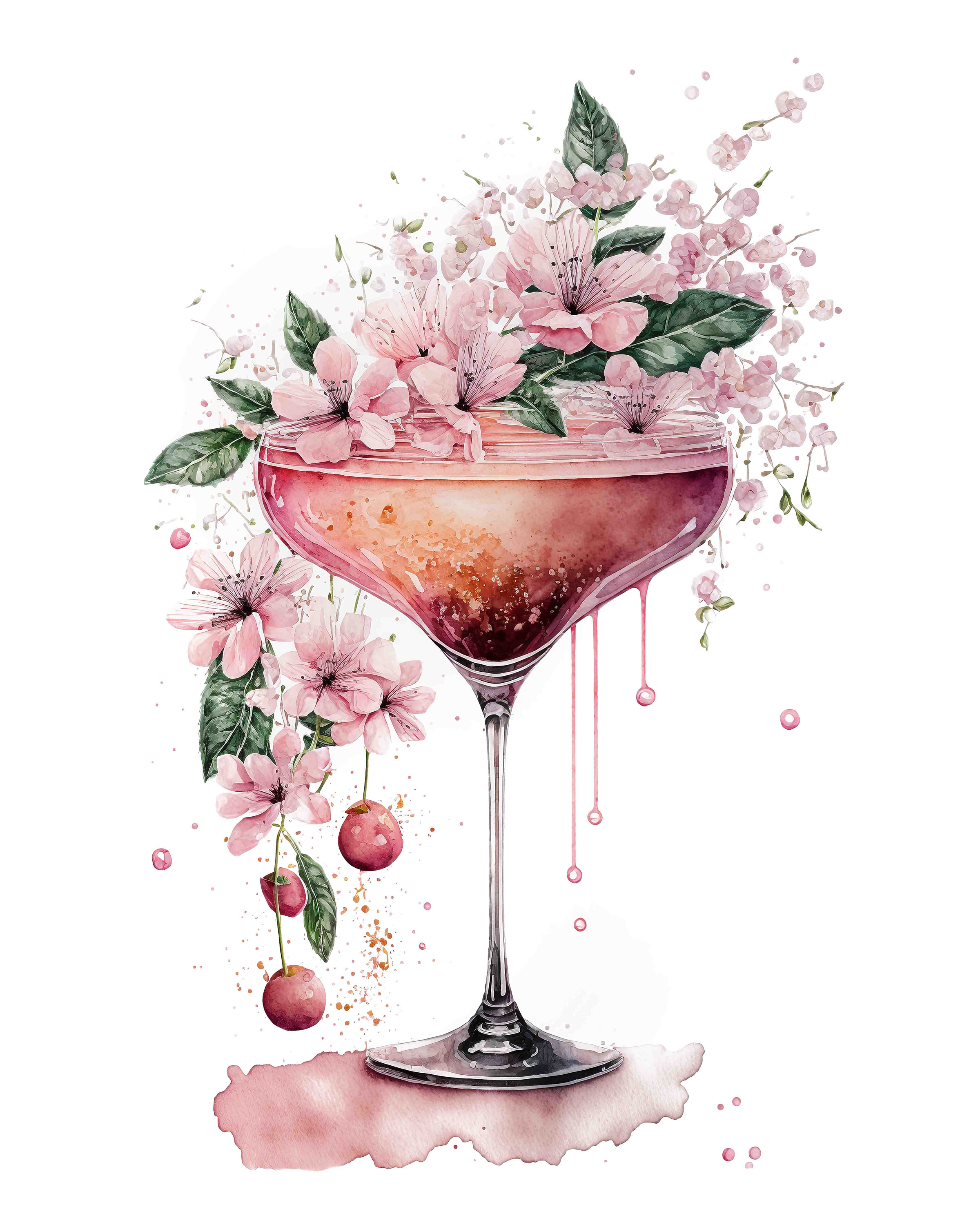 Watercolor Pink Floral Cocktail Digital Art Print / Instant Download