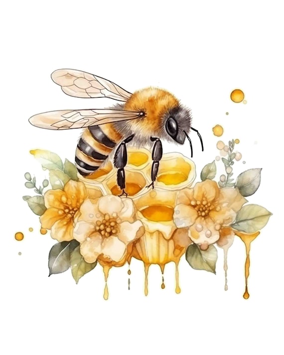 ミツバチの花のアートプリント、ハニカムと花（デジタルダウンロード