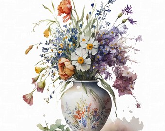 Watercolor Wildflower Bouquet Print, Botanical Floral Art (Digital Download)