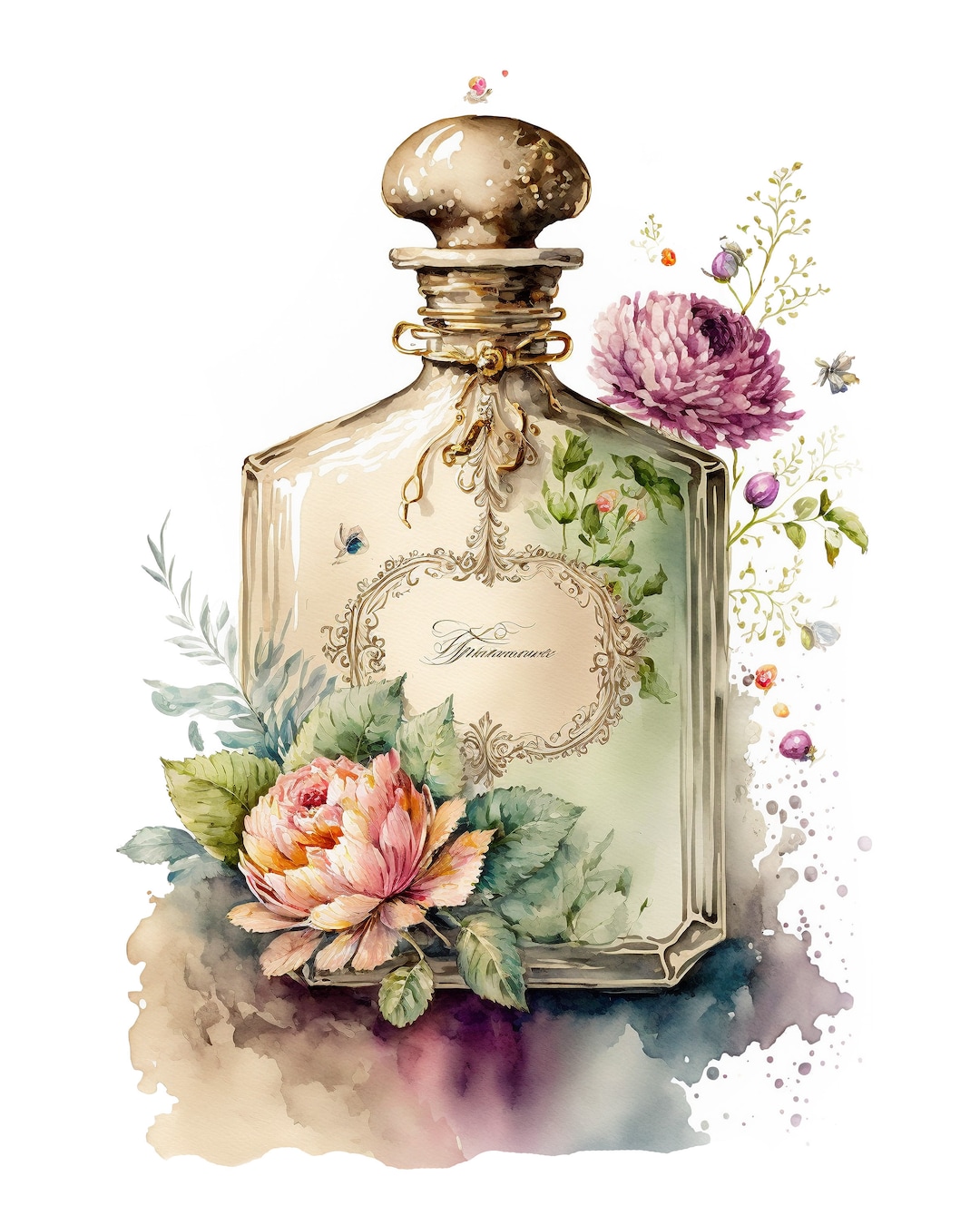 Watercolor Floral Vintage Perfume Bottle Digital Art Print / Instant ...