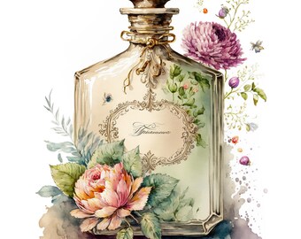 Watercolor Floral Vintage Perfume Bottle Digital Art Print / Instant Download Printable Art Commercial Use