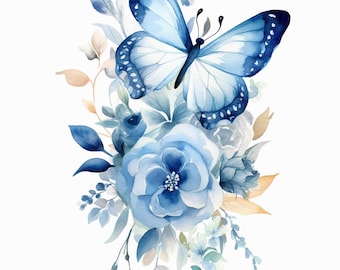 Watercolor Blue Butterfly Digital Art Print / Instant Download Printable Art Commercial Use