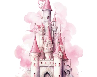 Watercolor Fairy Tale Pink Castle Digital Art Print / Instant Download Printable Art Commercial Use