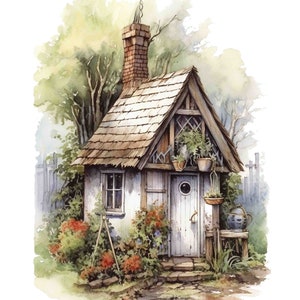 Watercolor Fairytale Cottage Digital Art Print / Instant Download Printable Art Commercial Use