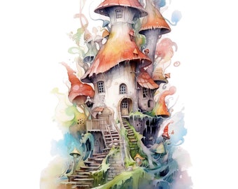 May include: A whimsical watercolor painting of a mushroom house with a winding staircase leading up to the entrance. The house is surrounded by a variety of mushrooms and has a red and orange roof.
