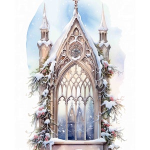 May include: A watercolor painting of a snow-covered gothic church window with a cross on top. The window is framed by snow-covered branches with red berries. The window is arched and has intricate stained glass designs.