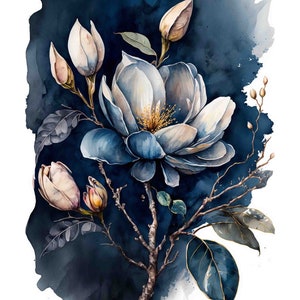 Watercolor Navy Magnolia Digital Art Print / Instant Download Printable Art Commercial Use