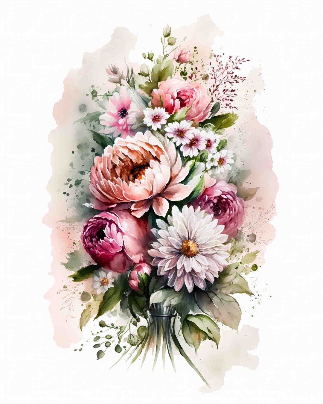 Watercolor Pink Flower Bouquet Art Print (digital Download) - Etsy