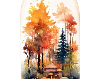 Watercolor Autumn Forest Cottage Terrarium Digital Art Print / Instant Download Printable Art Commercial Use