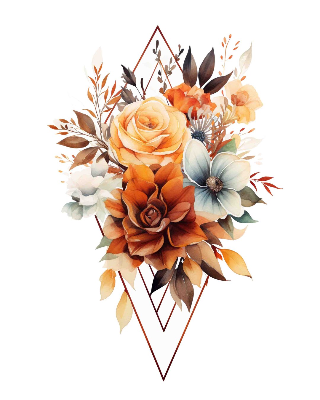 Watercolor Autumn Floral Print, Geometric Fall Flower Art (digital ...