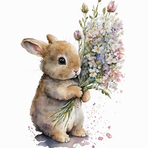 Watercolor Bunny with Flowers Art, wall art, Digital Art Print / Instant Download Printable Art Commercial Use