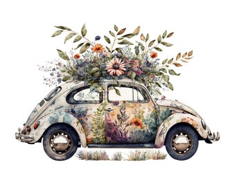 Watercolor Floral Car, Digital Art Print / Instant Download Printable Art Commercial Use