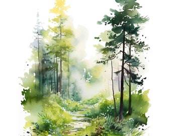 Watercolor Spring Forest Vignette, Fall Nature Digital Art Print / Instant Download Printable ArtCommercial Use