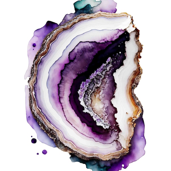 Watercolor Purple  Geode slice, natural ametst stone Digital Art Print / Instant Download Printable Art Commercial Use