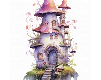 May include: A whimsical watercolor painting of a mushroom house with a pink and purple roof, a stone facade, and a wooden door. The house is surrounded by greenery and has a stone staircase leading up to the entrance.