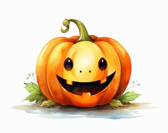 Watercolor Cute Jack-o-Lantern pumpkin Digital Art Print / Instant Download Printable Art Commercial Use