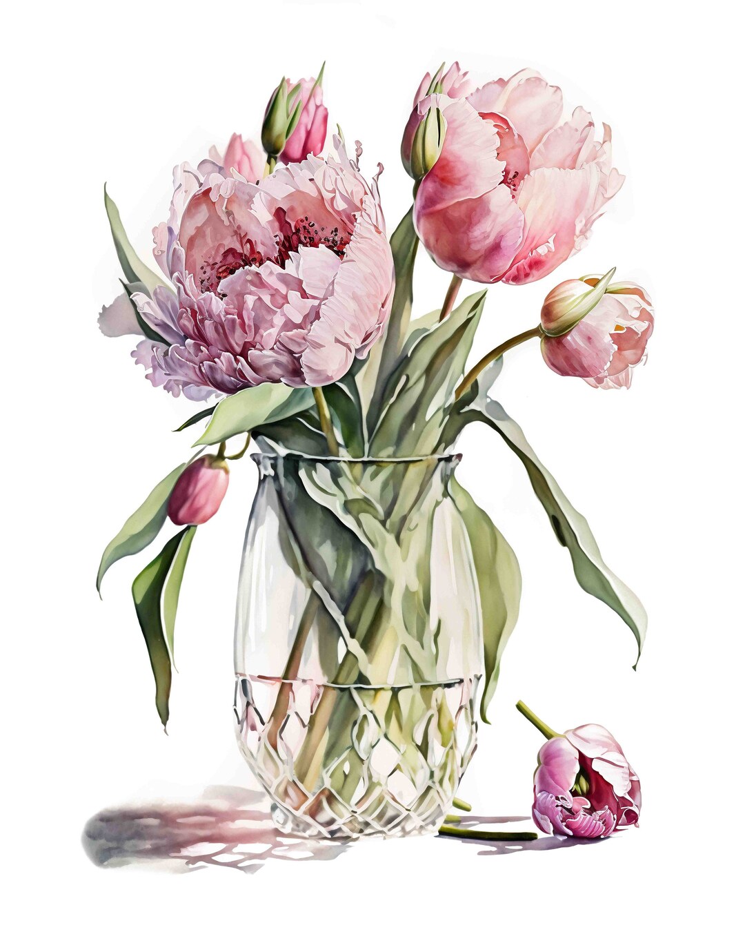 Watercolor Pink Tulip Bouquet, Spring Flower Art Print (digital ...
