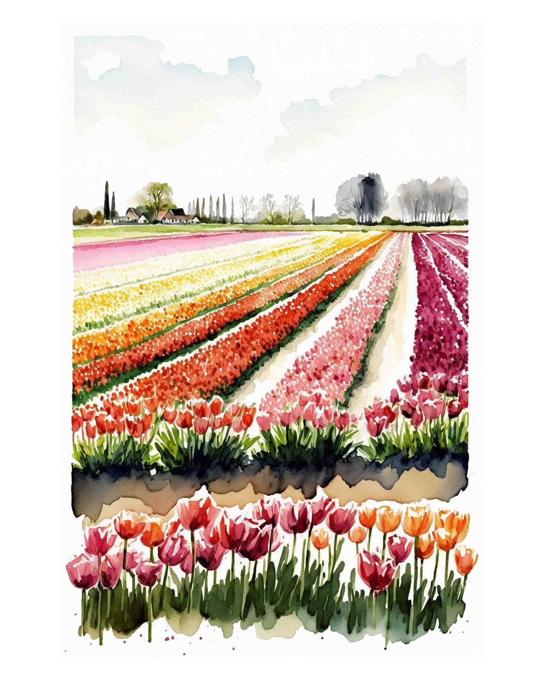 Watercolor Tulip Field, Spring Flower Digital Art Print / Instant ...
