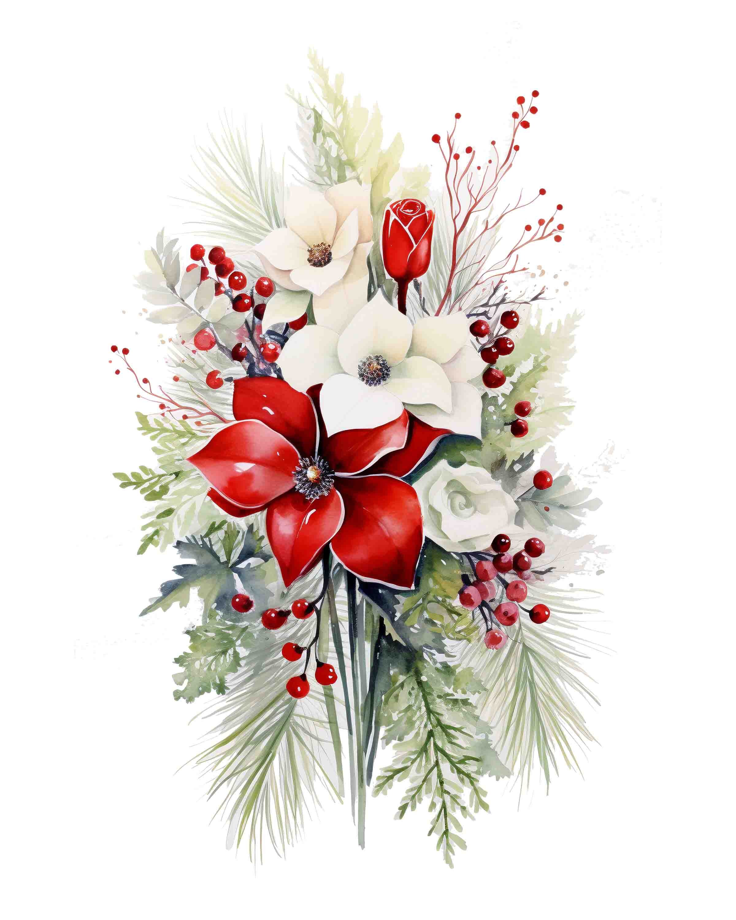 Watercolor Christmas Flowers Winter Holiday Digital Art Print - Etsy